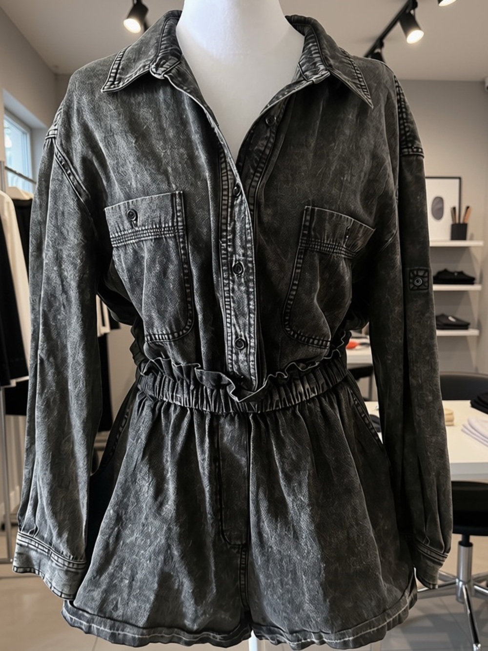 J.ING Washed Black Utility Shorts Romper